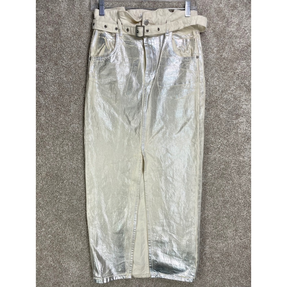 Zara Silver Metallic Denim Maxi Skirt Womens Small Cream Foil Coated Belted Slit